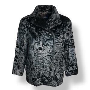 Vintage 90s Black Faux Fur Double Breasted Pea Coat Small Winter Glam Statement